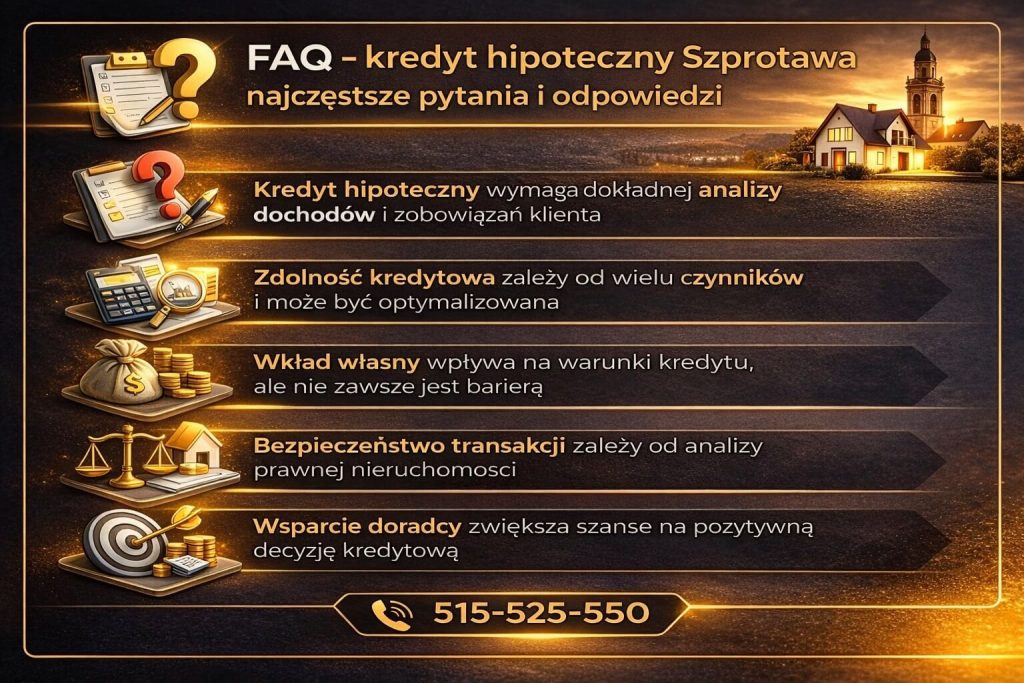 Kredyt na mieszkanie Szprotawa to proces wymagający analizy wielu czynników, takich jak dochody, zobowiązania i wkład własny. Grafika w formie FAQ przedstawia najczęstsze pytania klientów oraz pokazuje, jak doradca pomaga zwiększyć szanse na uzyskanie kredytu.