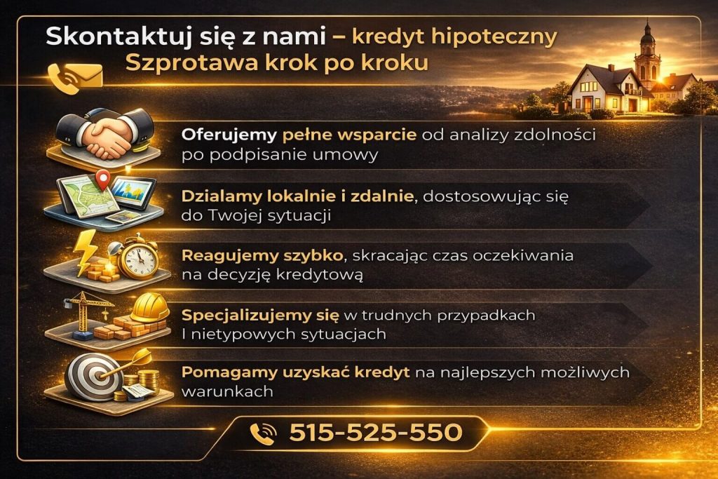 Hipoteka w Szprotawie krok po kroku z doradcą to większa szansa na pozytywną decyzję kredytową. Grafika pokazuje pełne wsparcie – od analizy zdolności, przez przygotowanie dokumentów, aż po podpisanie umowy i dopasowanie rozwiązania do sytuacji klienta.