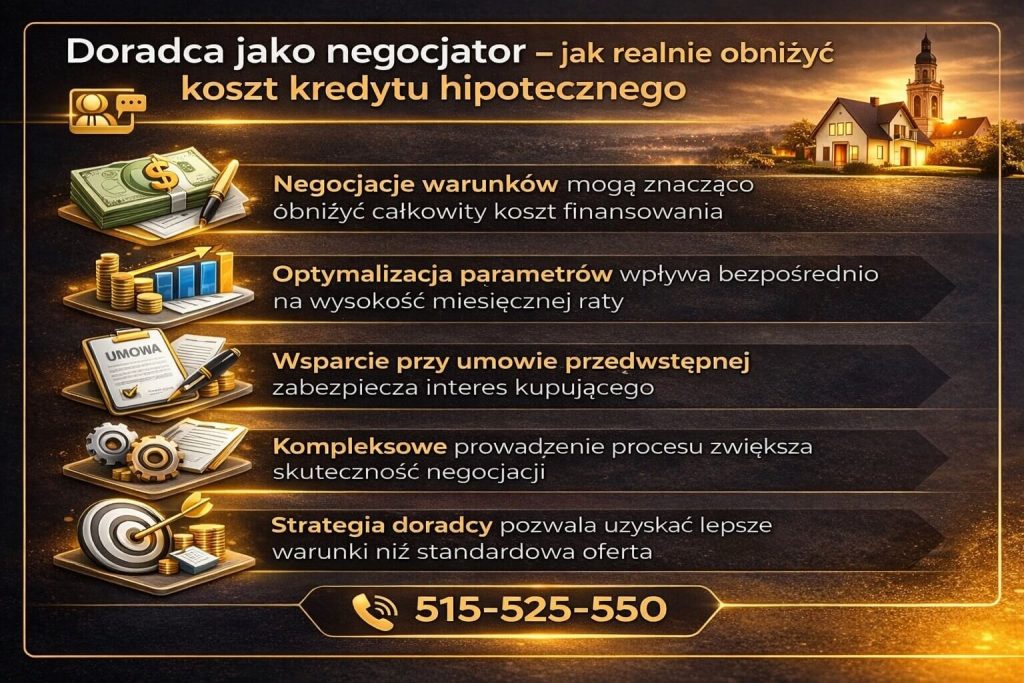 Finansowanie hipoteczne w Szprotawie może być tańsze dzięki skutecznym negocjacjom warunków kredytu. Grafika prezentuje rolę doradcy jako negocjatora, który optymalizuje parametry umowy, obniża koszty oraz wspiera klienta na każdym etapie procesu.