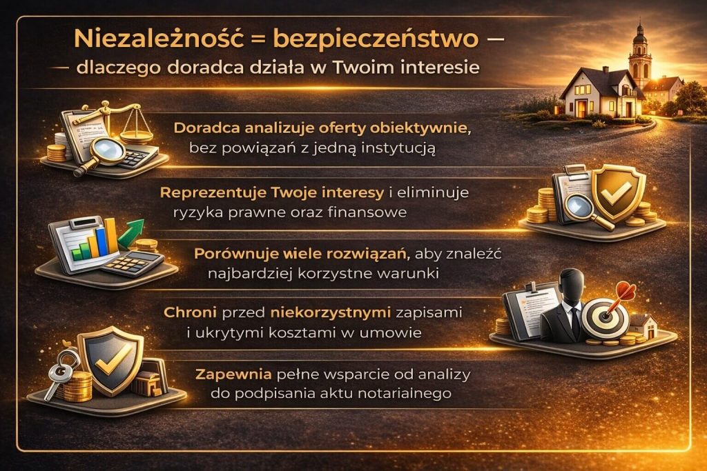 Kredyt hipoteczny Szprotawa z pomocą niezależnego doradcy to większe bezpieczeństwo i lepsze warunki. Grafika pokazuje znaczenie obiektywnej analizy ofert, ochrony przed ryzykiem prawnym oraz wsparcia w wyborze najkorzystniejszego rozwiązania finansowego.