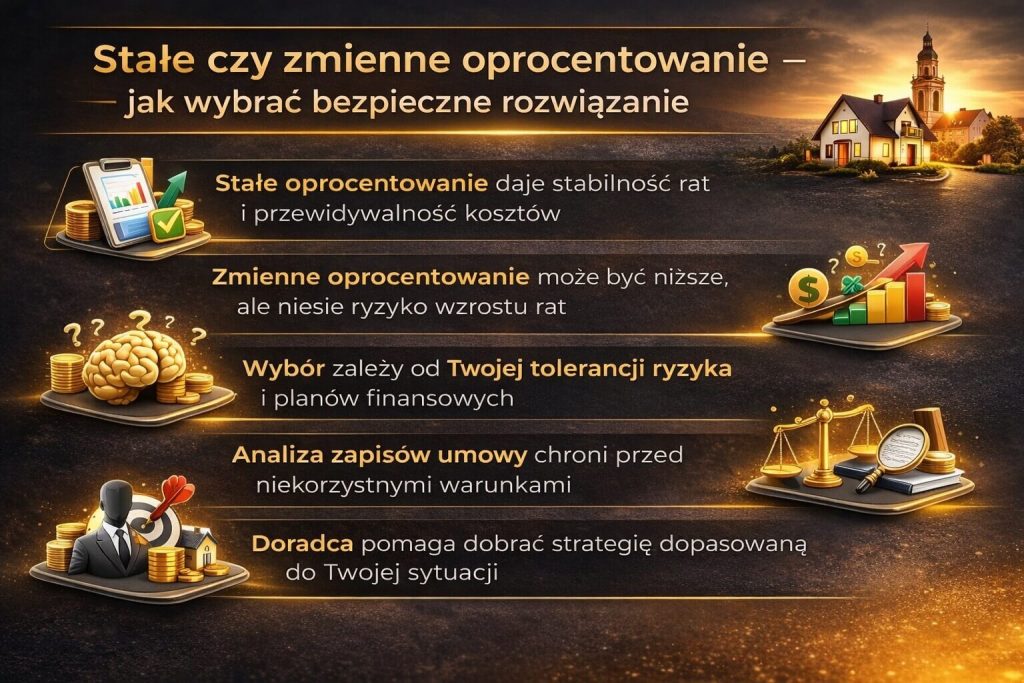 Kredyt hipoteczny Szprotawa może mieć oprocentowanie stałe lub zmienne, co wpływa na wysokość rat i poziom ryzyka. Grafika pokazuje różnice między tymi opcjami oraz wskazuje, jak dobrać rozwiązanie dopasowane do sytuacji finansowej i planów kredytobiorcy.