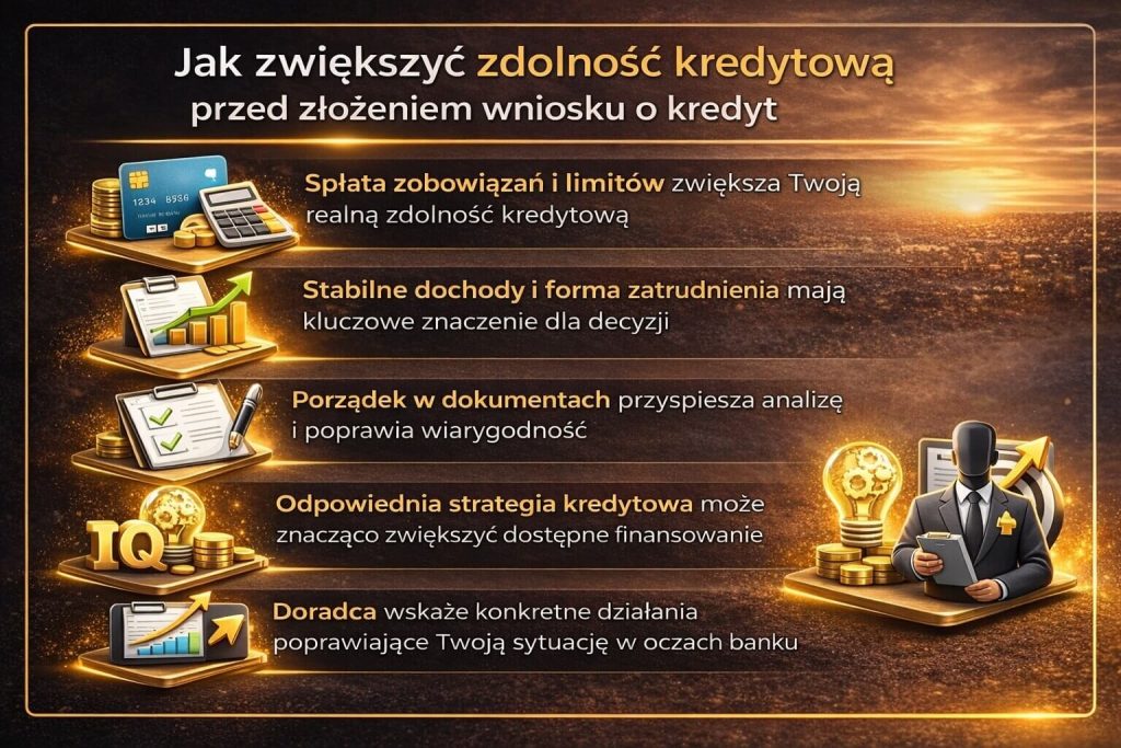 Kredyt hipoteczny Szprotawa wymaga odpowiedniej zdolności kredytowej, którą można zwiększyć poprzez spłatę zobowiązań, stabilne dochody i dobrą organizację dokumentów. Grafika przedstawia najważniejsze czynniki wpływające na decyzję banku i skuteczność wniosku.