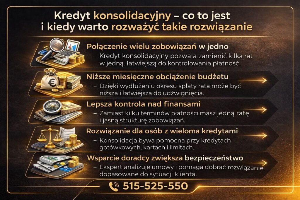Kredyt konsolidacyjny – infografika wyjaśniająca czym jest konsolidacja zobowiązań, jak połączyć kilka kredytów w jedną ratę oraz obniżyć miesięczne obciążenie budżetu. Grafika pokazuje korzyści, kontrolę finansów i wsparcie doradcy kredytowego.