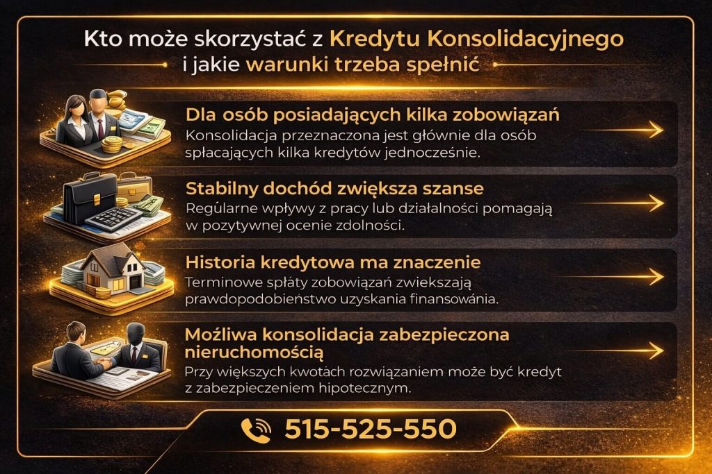 Kredyt konsolidacyjny – kto może skorzystać i jakie warunki trzeba spełnić. Infografika przedstawia wymagania banków, znaczenie dochodu, historii kredytowej oraz możliwość konsolidacji zobowiązań zabezpieczonych nieruchomością dla większych kwot.
