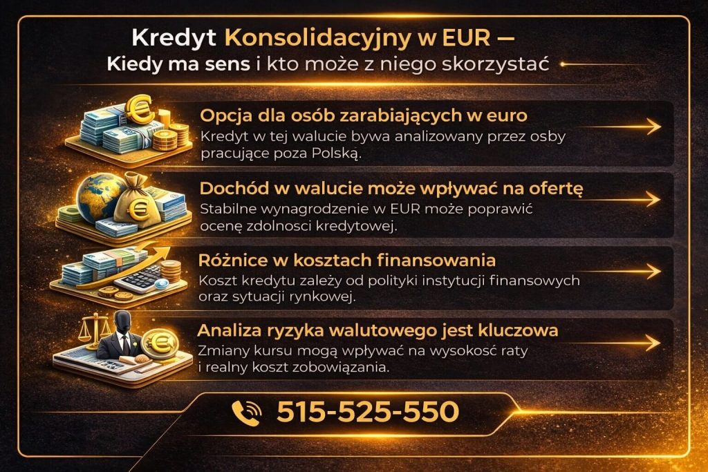 Kredyt konsolidacyjny w EUR – kiedy warto rozważyć finansowanie w euro. Infografika pokazuje wpływ dochodu w walucie obcej na zdolność kredytową, różnice w kosztach oraz znaczenie analizy ryzyka kursowego przy spłacie zobowiązania.