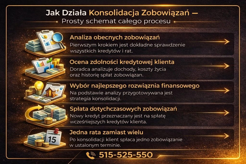 Kredyt konsolidacyjny – jak działa cały proces krok po kroku. Grafika przedstawia analizę zobowiązań, ocenę zdolności kredytowej, wybór oferty oraz spłatę wcześniejszych kredytów i zastąpienie ich jedną wygodną ratą dopasowaną do możliwości klienta.