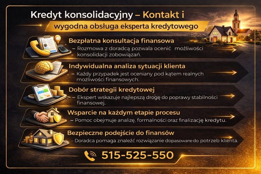 Kredyt konsolidacyjny kontakt – bezpłatna konsultacja i wsparcie doradcy kredytowego. Infografika prezentuje indywidualną analizę sytuacji finansowej, dobór strategii oraz pomoc na każdym etapie procesu prowadzącego do jednej, niższej raty.