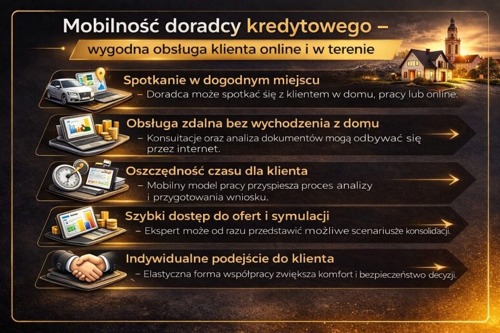 Konsolidacja kredytów – mobilność doradcy kredytowego i wygodna obsługa klienta. Infografika pokazuje możliwość spotkań online i w terenie, oszczędność czasu oraz szybki dostęp do ofert i analiz bez konieczności wizyty w banku.
