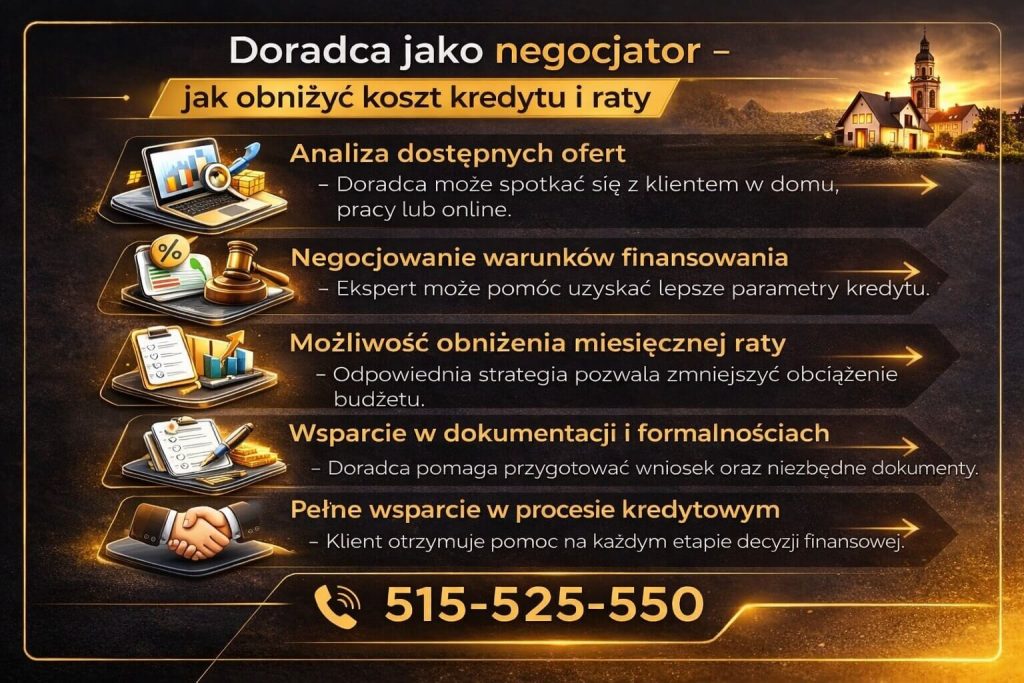 Kredyt łączący zobowiązania – rola doradcy jako negocjatora warunków finansowania. Infografika pokazuje analizę ofert, negocjowanie oprocentowania oraz możliwości obniżenia raty dzięki odpowiedniej strategii kredytowej.