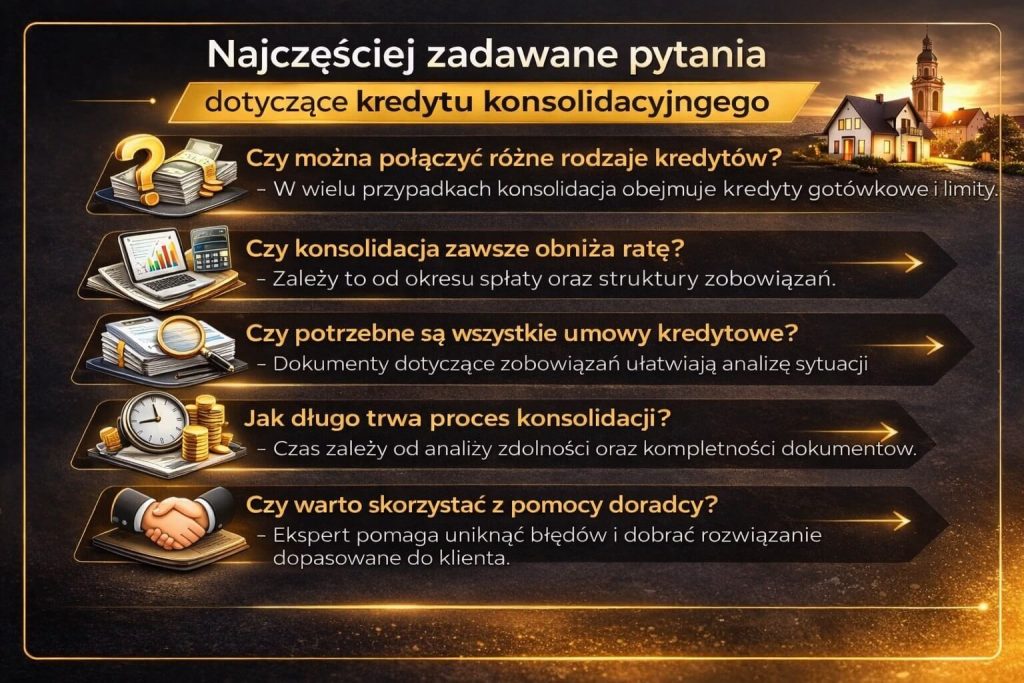 Konsolidacja zadłużenia – najczęściej zadawane pytania klientów. Grafika odpowiada na wątpliwości dotyczące łączenia kredytów, wpływu na ratę, wymaganych dokumentów oraz czasu trwania procesu uzyskania finansowania.
