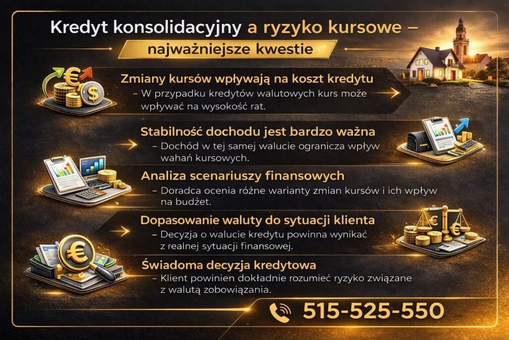 Kredyt konsolidacyjny a ryzyko kursowe – najważniejsze kwestie. Grafika prezentuje wpływ zmian kursów walut na wysokość raty, znaczenie stabilności dochodu oraz konieczność analizy scenariuszy finansowych przed wyborem waluty kredytu.
