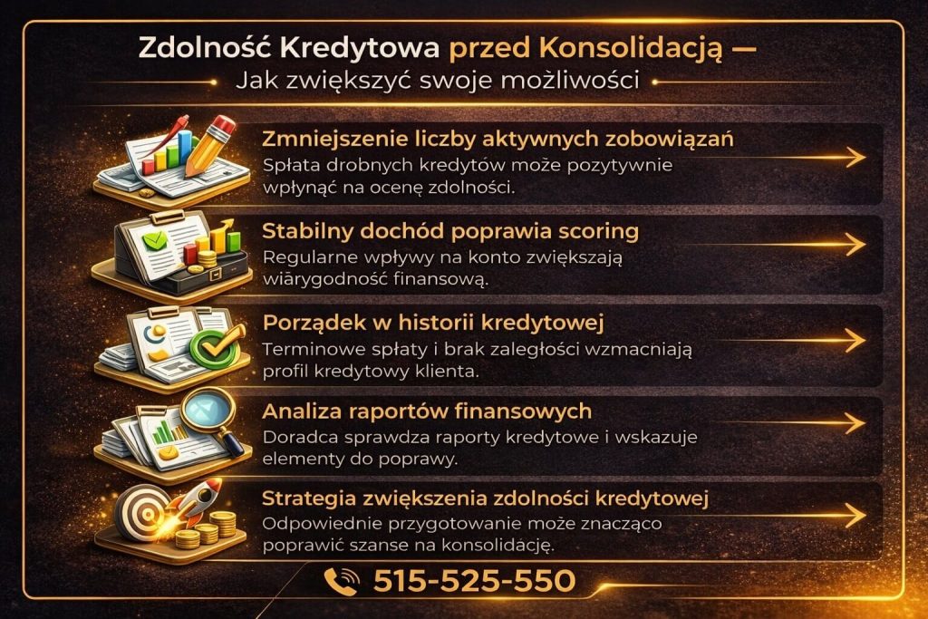 Kredyt konsolidacyjny – jak poprawić zdolność kredytową przed złożeniem wniosku. Infografika pokazuje znaczenie stabilnych dochodów, porządku w historii kredytowej oraz redukcji zobowiązań jako kluczowych czynników zwiększających szanse na decyzję banku.