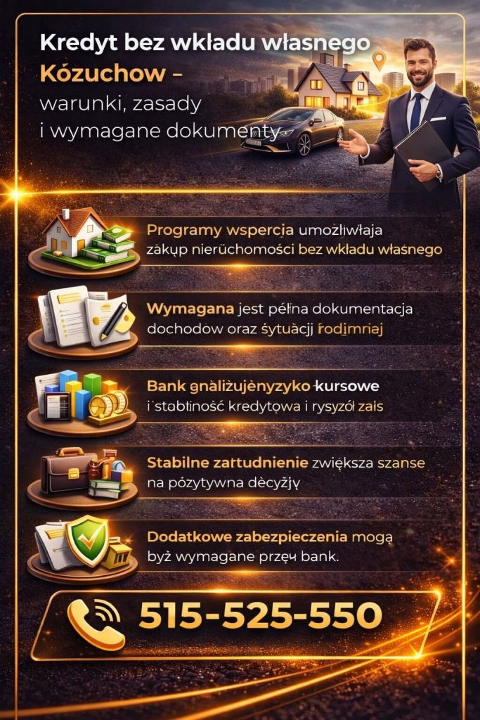 Grafika przedstawiająca możliwości uzyskania finansowania bez wkładu własnego dzięki programom wsparcia. Kredyt Kożuchów bez wkładu własnego jest dostępny przy spełnieniu określonych warunków oraz odpowiedniej ocenie zdolności kredytowej klienta.