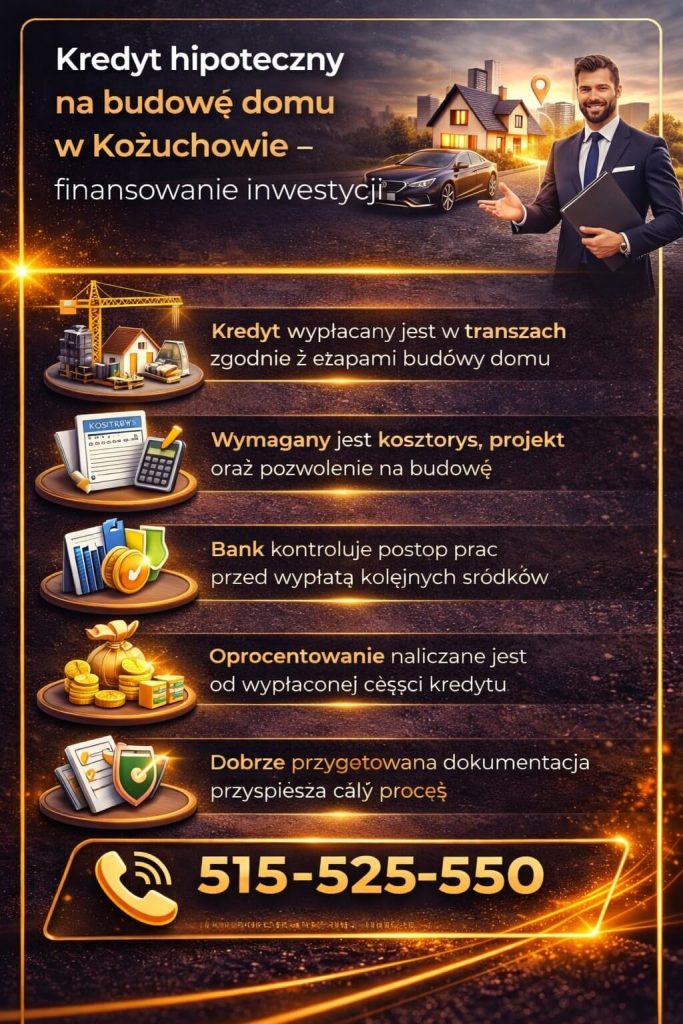 Infografika pokazująca finansowanie budowy domu w transzach oraz wymagane dokumenty, takie jak kosztorys i projekt. Kredyt Kożuchów na budowę domu pozwala etapowo realizować inwestycję przy kontroli banku i odpowiednim przygotowaniu formalnym.
