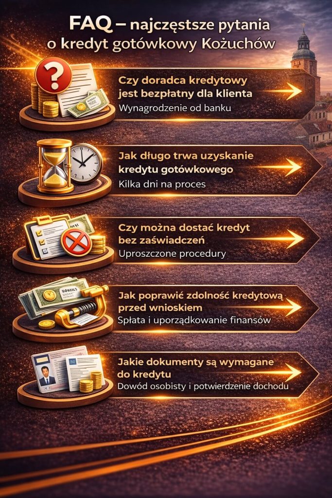 Kredyt gotówkowy Kożuchów FAQ – najczęstsze pytania klientów dotyczące kosztów, czasu decyzji kredytowej, wymaganych dokumentów, możliwości uzyskania finansowania bez zaświadczeń oraz sposobów poprawy zdolności kredytowej