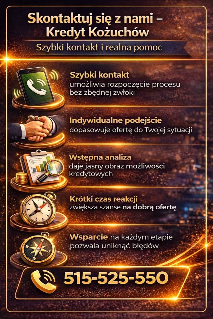 Grafika zachęcająca do kontaktu z doradcą kredytowym i rozpoczęcia procesu finansowania. Doradca finansowy Kożuchów oferuje szybki kontakt, indywidualne podejście oraz kompleksową analizę zdolności kredytowej, zwiększając szanse na korzystny kredyt.