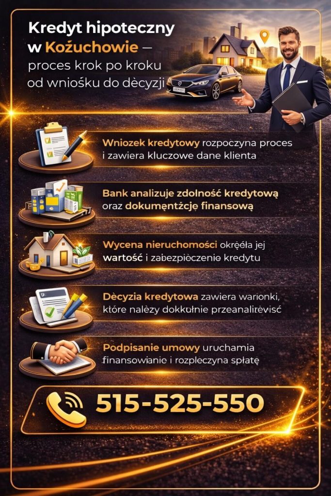 Grafika pokazująca proces uzyskania finansowania krok po kroku – od wniosku po podpisanie umowy. Kredyt Kożuchów to kompleksowa procedura, w której doradca pomaga przejść przez analizę banku, dokumentację oraz finalizację umowy kredytowej.