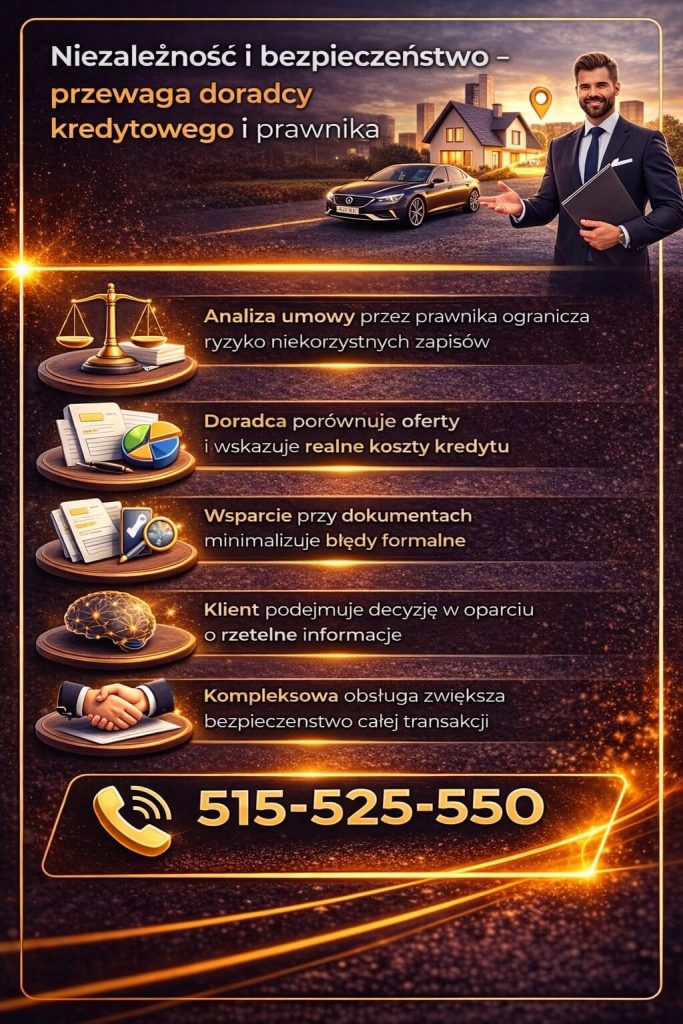 Infografika pokazująca rolę doradcy i prawnika w analizie umowy kredytowej. Kredyt hipoteczny Kożuchów z pomocą eksperta to większe bezpieczeństwo, eliminacja ryzyk prawnych oraz dokładna weryfikacja zapisów umowy przed jej podpisaniem.