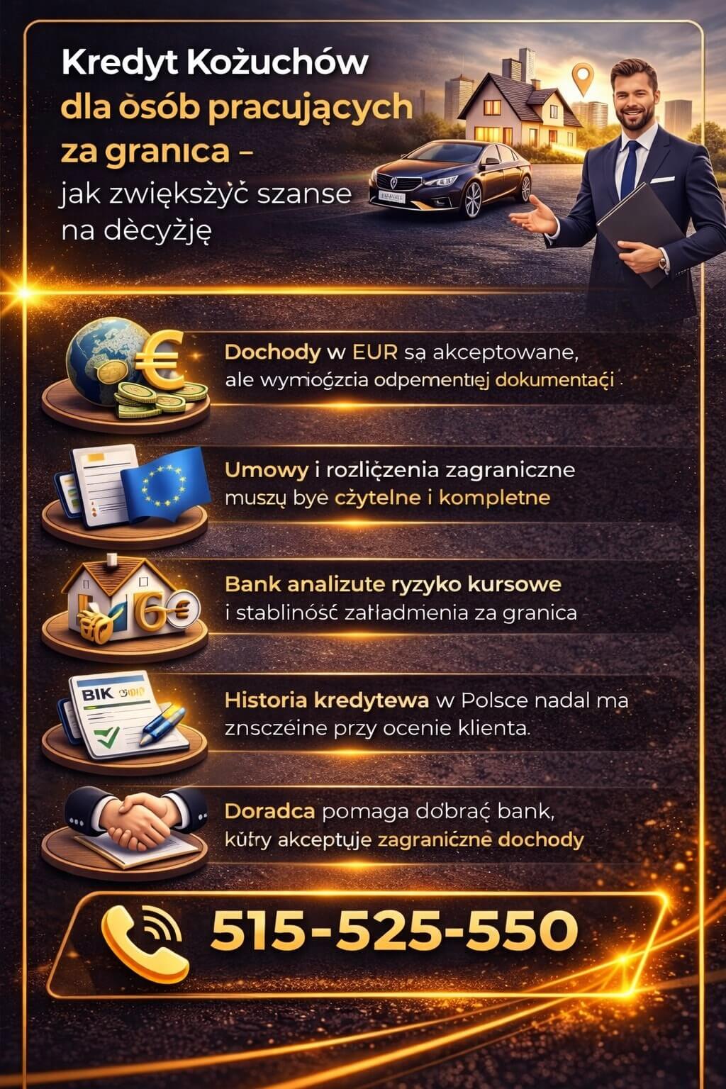 Infografika dotycząca osób pracujących za granicą i uzyskania finansowania w Polsce. Kredyt Kożuchów dla klientów z dochodami w EUR wymaga odpowiedniej dokumentacji i analizy ryzyka kursowego, co zwiększa szanse na uzyskanie pozytywnej decyzji banku.