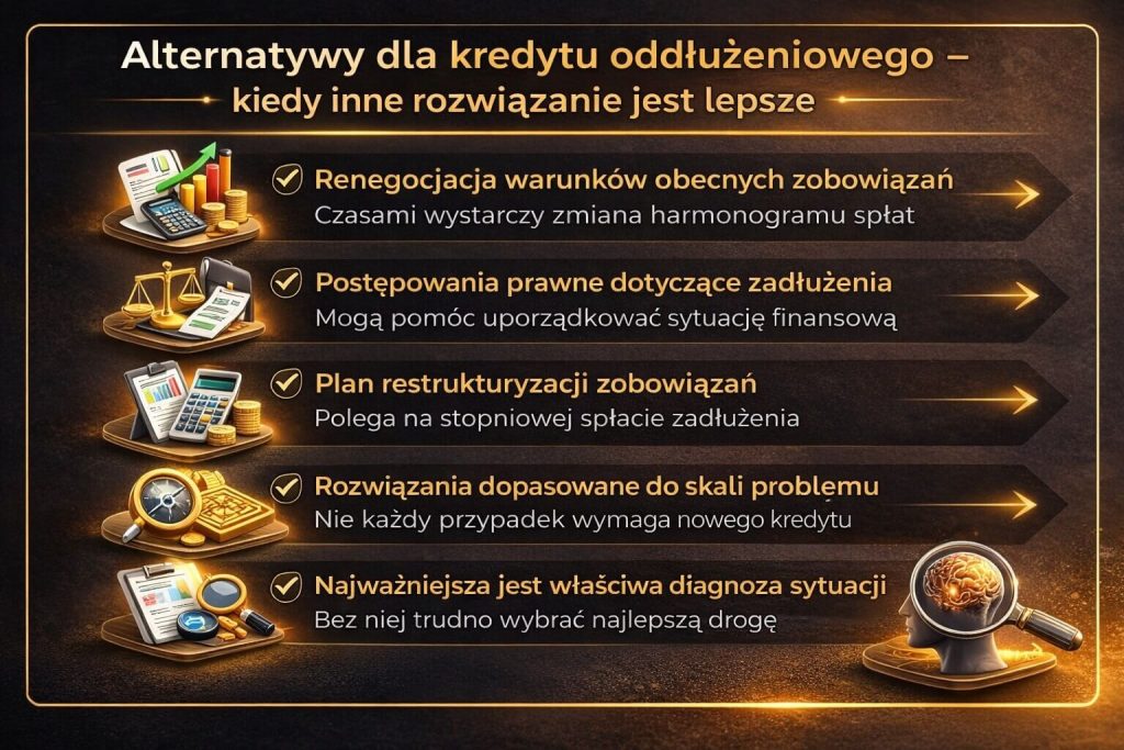 Alternatywy dla kredytu na spłatę długów obejmują renegocjację zobowiązań, restrukturyzację lub działania prawne. Grafika przedstawia różne strategie wyjścia z zadłużenia oraz podkreśla znaczenie dopasowania rozwiązania do sytuacji klienta.