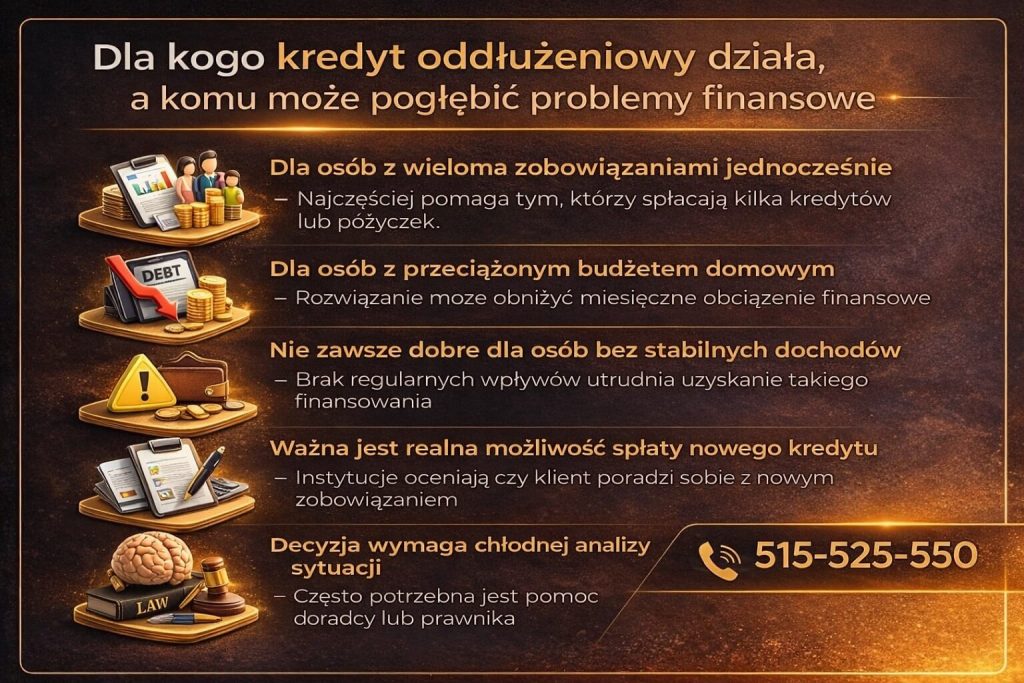 Kredyt oddłużeniowy dla kogo jest najlepszym rozwiązaniem – grafika pokazuje osoby z wieloma zobowiązaniami oraz przeciążonym budżetem domowym. Wskazuje także sytuacje, w których finansowanie może nie być korzystne i wymaga dokładnej analizy zdolności.
