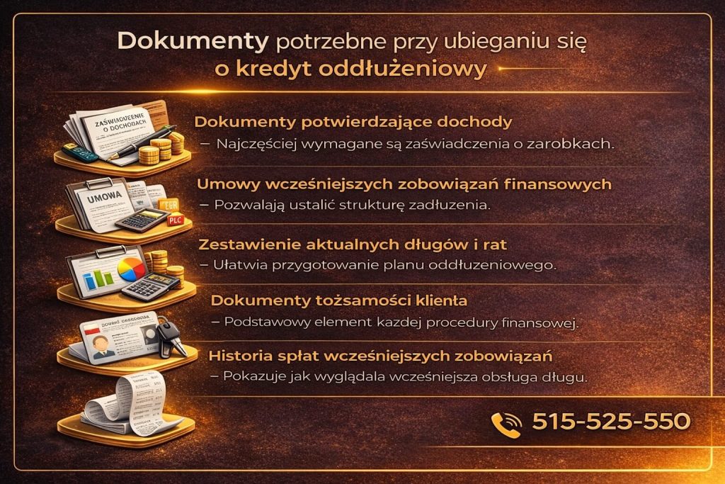 Kredyt oddłużeniowy wymaga przygotowania dokumentów takich jak zaświadczenia o dochodach, umowy kredytowe i historia spłat. Grafika prezentuje zestawienie wymaganych dokumentów potrzebnych do analizy zdolności i przygotowania strategii oddłużeniowej.