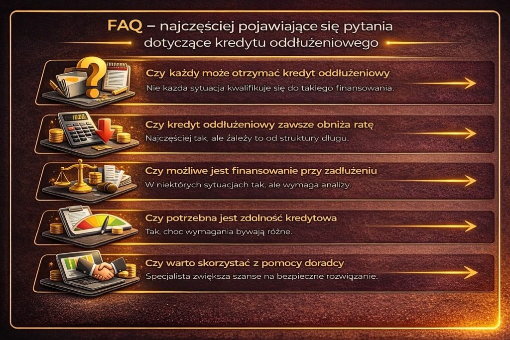 Najczęstsze pytania dotyczące kredytu na spłatę zadłużenia obejmują zdolność kredytową, możliwość obniżenia raty oraz warunki uzyskania finansowania. Grafika przedstawia odpowiedzi i rozwiewa wątpliwości klientów zainteresowanych oddłużeniem.