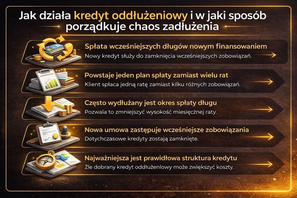 Kredyt oddłużeniowy działa poprzez spłatę wcześniejszych zobowiązań jednym finansowaniem, tworząc jeden harmonogram spłaty. Ilustracja pokazuje mechanizm redukcji rat oraz wydłużenia okresu kredytowania, co wpływa na poprawę płynności finansowej.