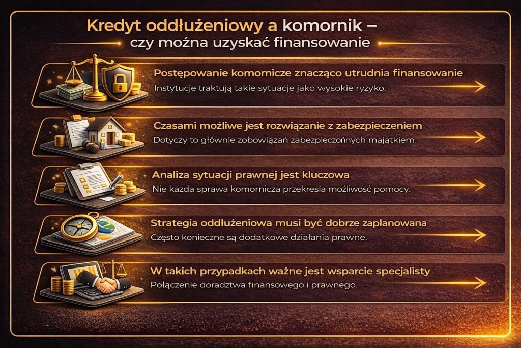 Finansowanie oddłużeniowe przy komorniku jest trudniejsze, ale w niektórych przypadkach możliwe. Grafika pokazuje wpływ postępowania egzekucyjnego na decyzję kredytową oraz znaczenie analizy prawnej i wsparcia specjalisty w procesie oddłużania.