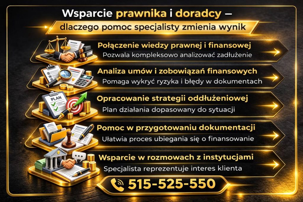 Wsparcie doradcy kredytowego i prawnika zwiększa skuteczność oddłużania oraz bezpieczeństwo decyzji finansowych. Grafika pokazuje korzyści współpracy ze specjalistą, analizę umów i pomoc w przygotowaniu dokumentacji kredytowej.
