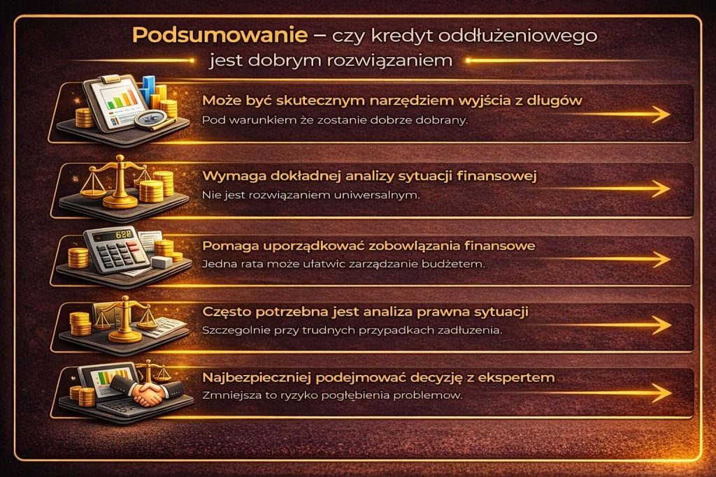 Podsumowanie procesu oddłużania pokazuje, że odpowiednio dobrane finansowanie może pomóc wyjść z długów, ale wymaga dokładnej analizy. Grafika prezentuje kluczowe wnioski oraz znaczenie współpracy z ekspertem przy wyborze rozwiązania.