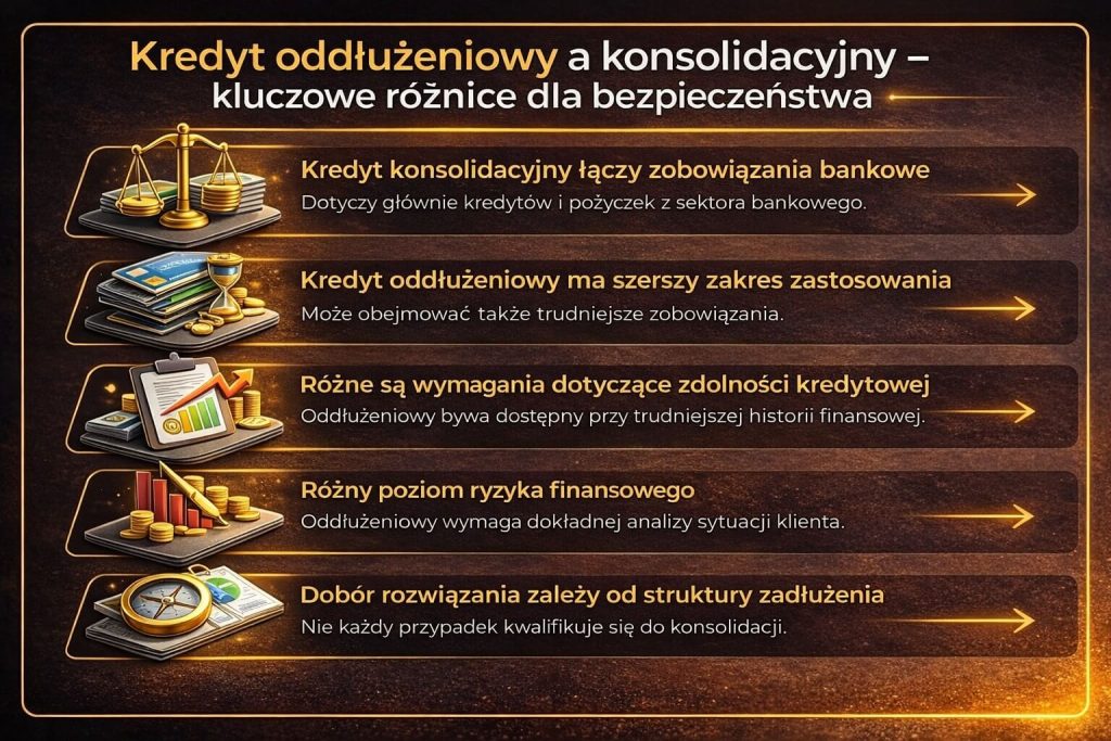 Kredyt oddłużeniowy a kredyt konsolidacyjny – grafika pokazuje różnice w zakresie zastosowania, ryzyka i dostępności. Wskazuje, że kredyt oddłużeniowy obejmuje szerszy zakres zobowiązań oraz wymaga dokładniejszej analizy sytuacji klienta.