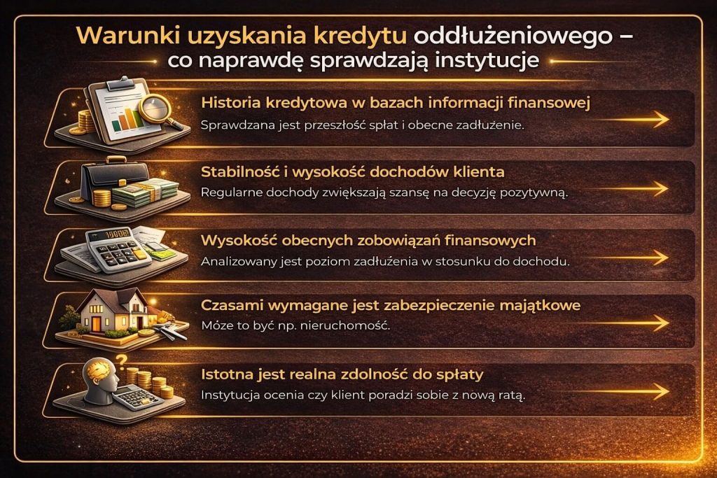 Kredyt oddłużeniowy można znaleźć w instytucjach finansowych oraz u doradców kredytowych z zapleczem prawnym. Grafika przedstawia dostępne możliwości finansowania oraz znaczenie analizy ofert i dopasowania rozwiązania do sytuacji zadłużenia.