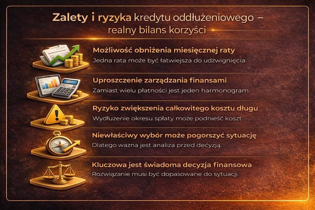 Kredyt oddłużeniowy pozwala obniżyć miesięczną ratę i uprościć zarządzanie finansami, ale może zwiększyć całkowity koszt zobowiązania. Grafika pokazuje korzyści oraz ryzyka związane z decyzją i podkreśla znaczenie świadomego wyboru rozwiązania.