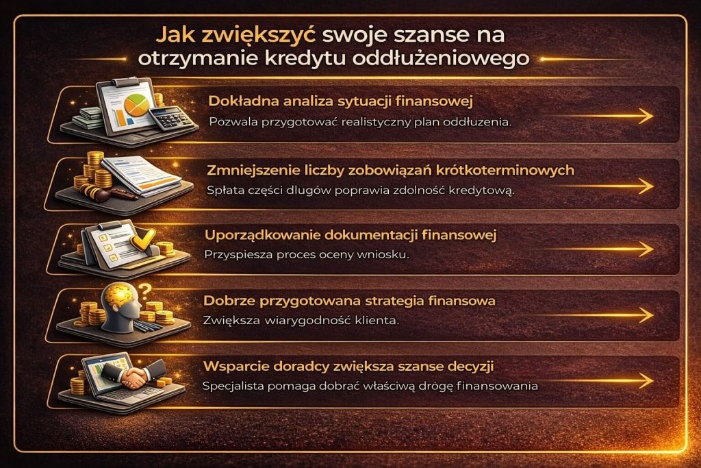 Kredyt oddłużeniowy – jak zwiększyć szanse na jego uzyskanie. Grafika pokazuje znaczenie analizy finansowej, uporządkowania dokumentów oraz redukcji zobowiązań krótkoterminowych. Podkreśla również rolę doradcy w poprawie zdolności kredytowej.