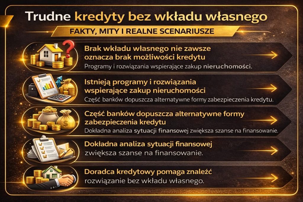 Trudne kredyty bez wkładu własnego są możliwe dzięki odpowiednim rozwiązaniom i analizie sytuacji klienta. Obraz przedstawia alternatywne formy zabezpieczenia kredytu oraz wsparcie eksperta w znalezieniu finansowania bez oszczędności początkowych.