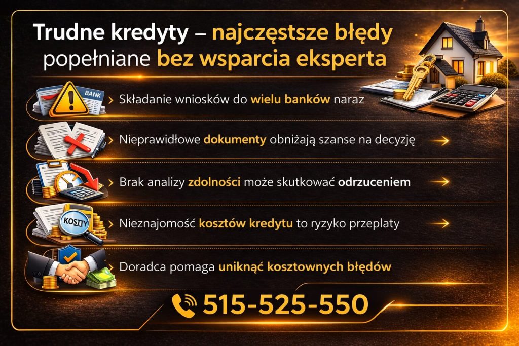 Kredyty dla trudnych przypadków często są odrzucane przez błędy w dokumentacji lub brak analizy zdolności. Grafika przedstawia najczęstsze pomyłki klientów oraz pokazuje, jak doradca kredytowy pomaga ich uniknąć i zwiększyć szanse na decyzję.