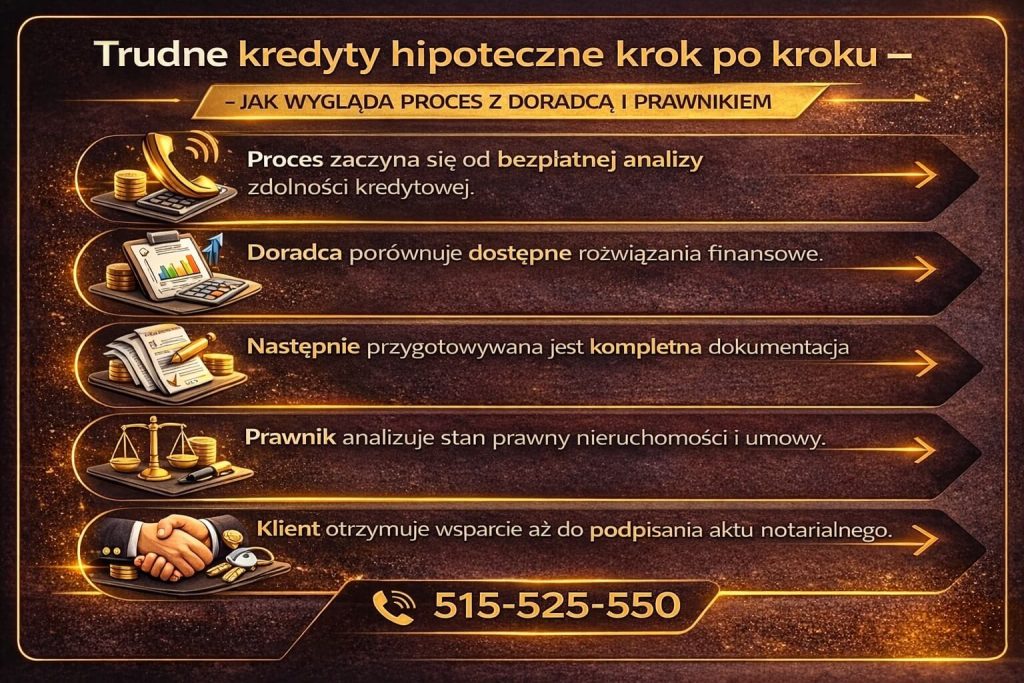 Finansowanie hipoteczne w trudnych przypadkach wymaga kompleksowego procesu. Obraz pokazuje etapy od analizy zdolności, przez przygotowanie dokumentów, aż po wsparcie prawne i podpisanie aktu notarialnego przy pomocy eksperta.
