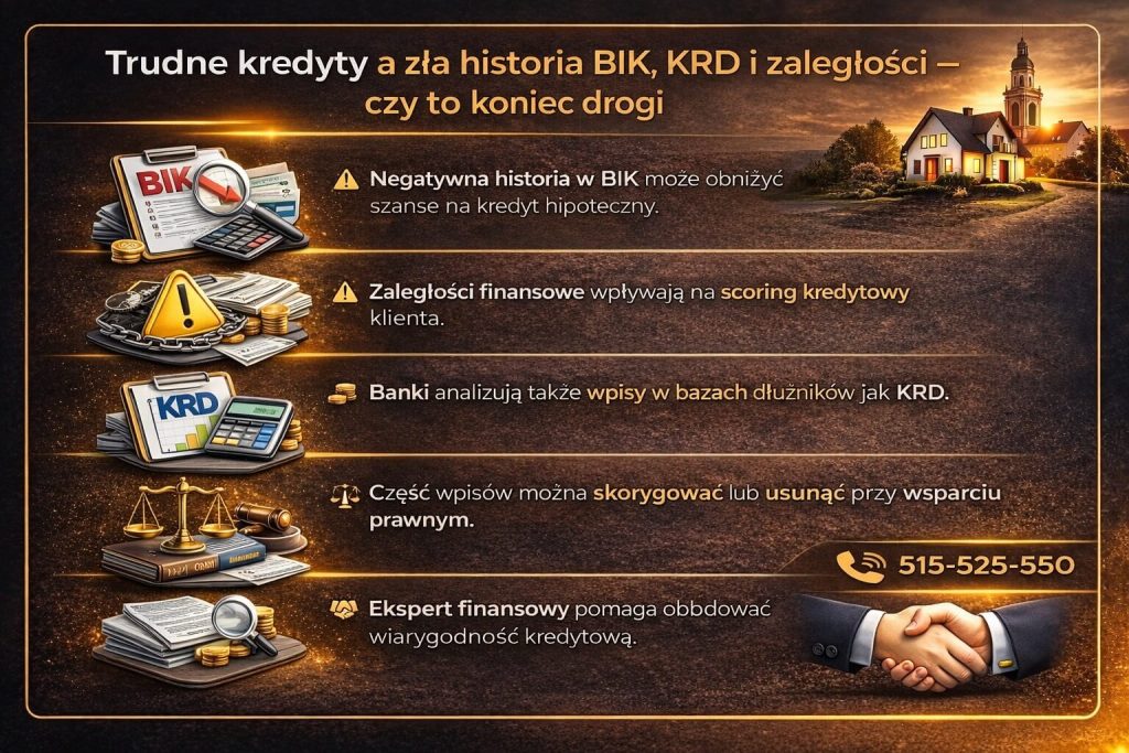 Trudne kredyty mogą być konsekwencją negatywnej historii w BIK lub wpisów w KRD. Grafika pokazuje wpływ zadłużenia na scoring kredytowy oraz możliwości poprawy sytuacji dzięki wsparciu doradcy i pomocy prawnej w usuwaniu wpisów.