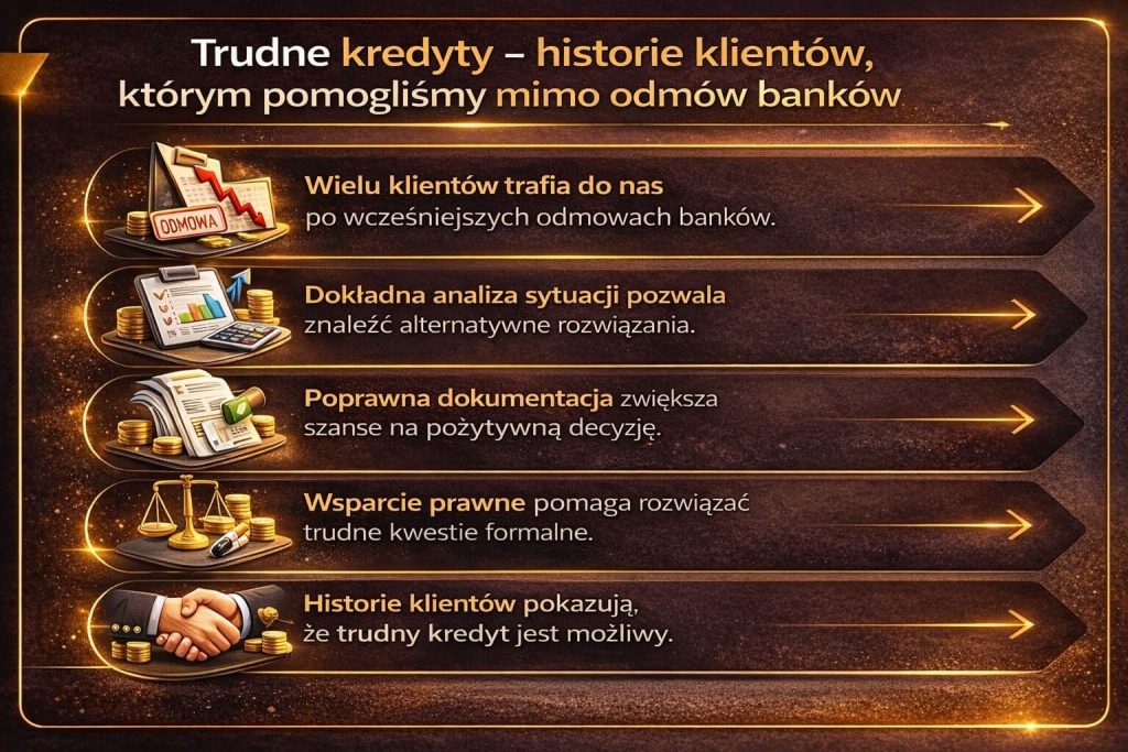 Kredyty dla osób po odmowie banku są możliwe dzięki odpowiedniej analizie i strategii. Grafika przedstawia historie klientów, którym udało się uzyskać finansowanie mimo wcześniejszych problemów i pokazuje znaczenie profesjonalnego wsparcia.