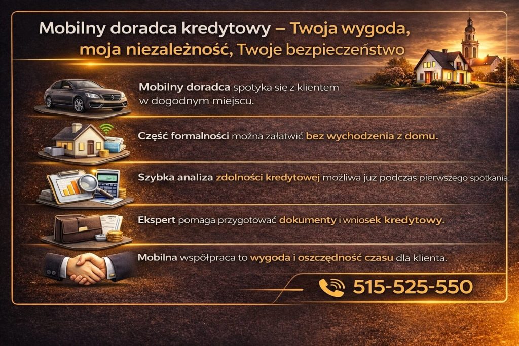 Kredyty dla wymagających klientów często wymagają indywidualnego podejścia i mobilnej obsługi. Grafika pokazuje doradcę kredytowego spotykającego się z klientem, analizę zdolności oraz wygodę współpracy bez wychodzenia z domu.