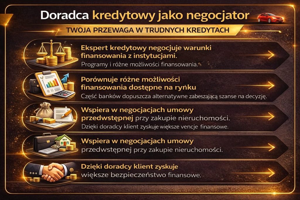 Trudne kredyty wymagają negocjacji warunków z instytucjami finansowymi. Grafika pokazuje rolę doradcy kredytowego jako negocjatora, który analizuje oferty, obniża koszty kredytu i zwiększa bezpieczeństwo całego procesu finansowania nieruchomości.