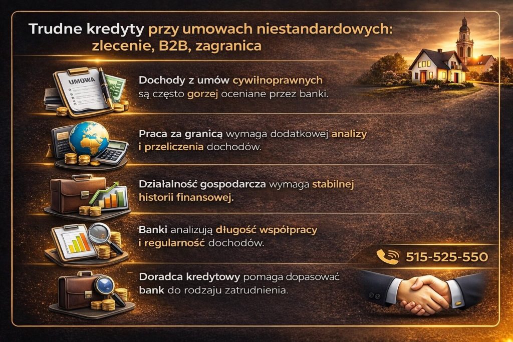 Trudne kredyty obejmują sytuacje osób pracujących na umowach cywilnoprawnych, B2B lub za granicą. Grafika przedstawia analizę dochodów i dokumentów oraz pokazuje, jak doradca kredytowy pomaga dopasować ofertę do niestandardowej sytuacji klienta.