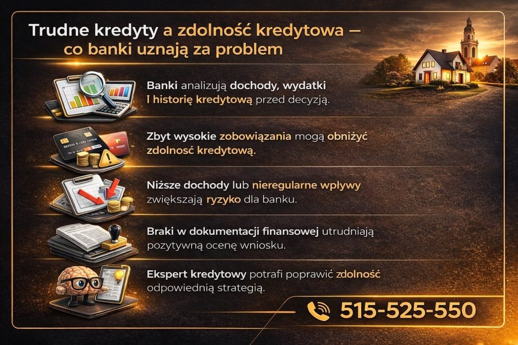Trudne kredyty często wynikają z niskiej zdolności kredytowej, wysokich zobowiązań lub nieregularnych dochodów. Obraz pokazuje analizę finansową klienta i znaczenie odpowiedniej strategii, która może poprawić ocenę banku i zwiększyć szanse na kredyt.