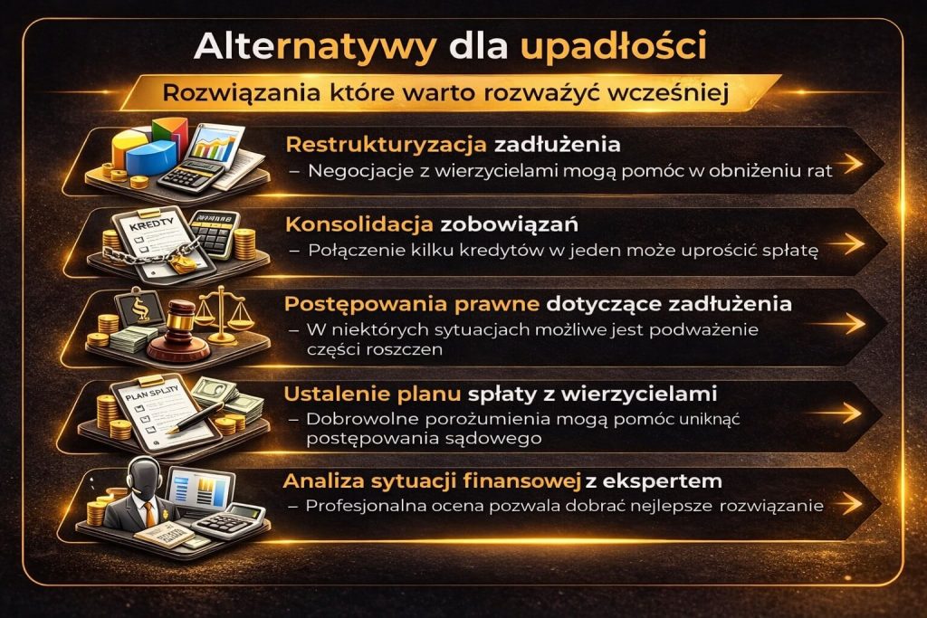 Alternatywy dla upadłości konsumenckiej – jakie rozwiązania warto rozważyć. Infografika prezentuje restrukturyzację, konsolidację zobowiązań oraz negocjacje z wierzycielami jako inne formy wyjścia z zadłużenia.