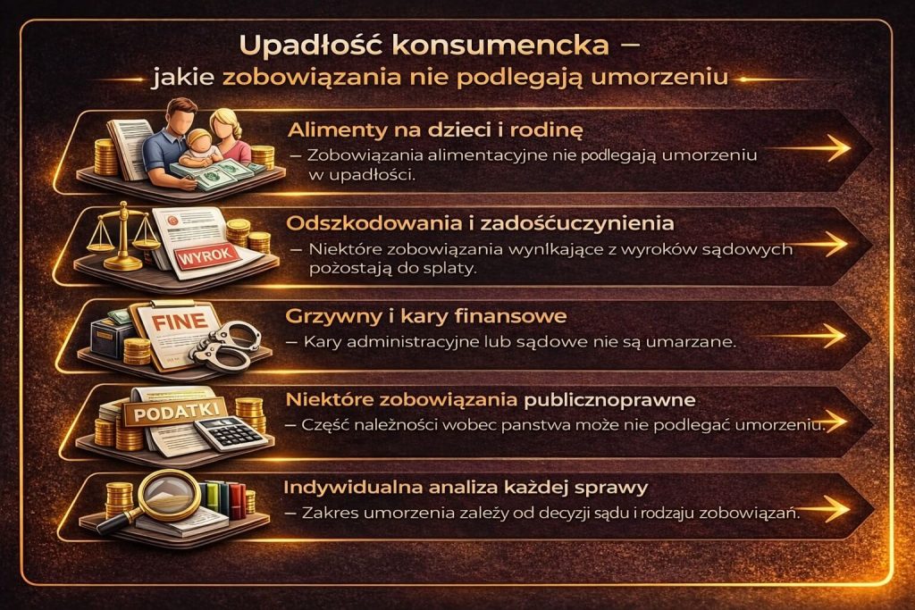 Proces upadłości konsumenckiej – jakie zobowiązania nie podlegają umorzeniu. Grafika prezentuje alimenty, grzywny, odszkodowania oraz wybrane zobowiązania publiczne, które pozostają do spłaty po zakończeniu postępowania.