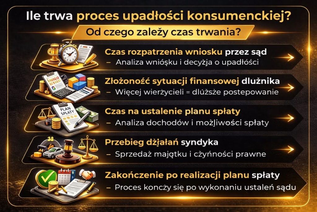 Postępowanie upadłościowe – ile trwa proces oddłużenia i od czego zależy czas trwania. Infografika przedstawia wpływ liczby wierzycieli, decyzji sądu oraz planu spłaty na długość całej procedury.
