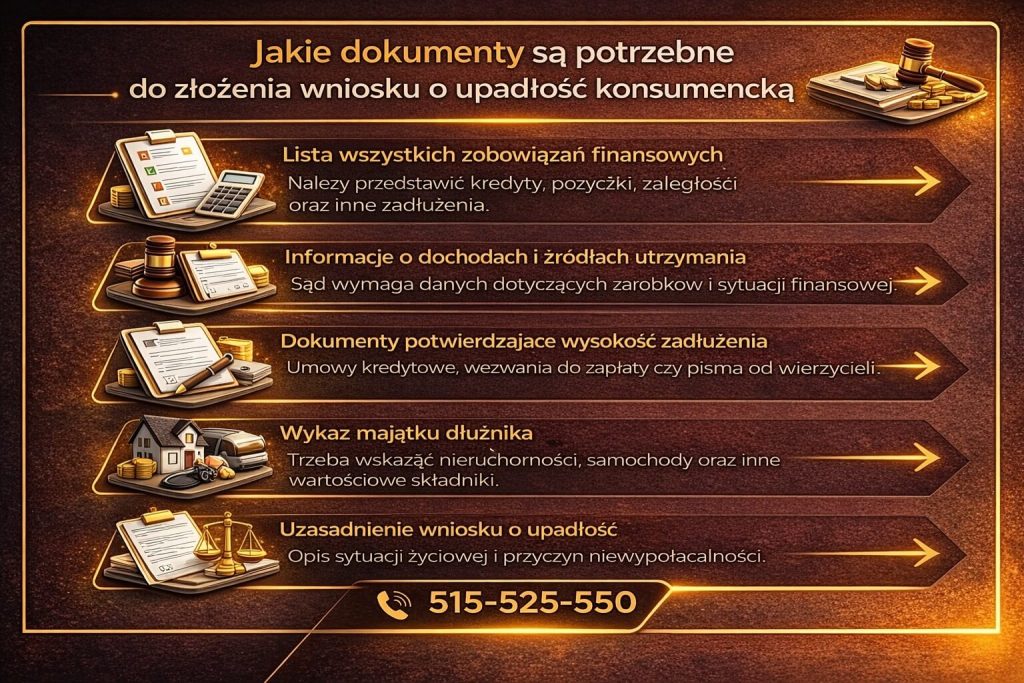 Upadłość konsumencka – jakie dokumenty są potrzebne do złożenia wniosku. Grafika prezentuje listę zobowiązań, dochody, majątek oraz dokumenty potwierdzające zadłużenie wymagane w procesie oddłużeniowym.