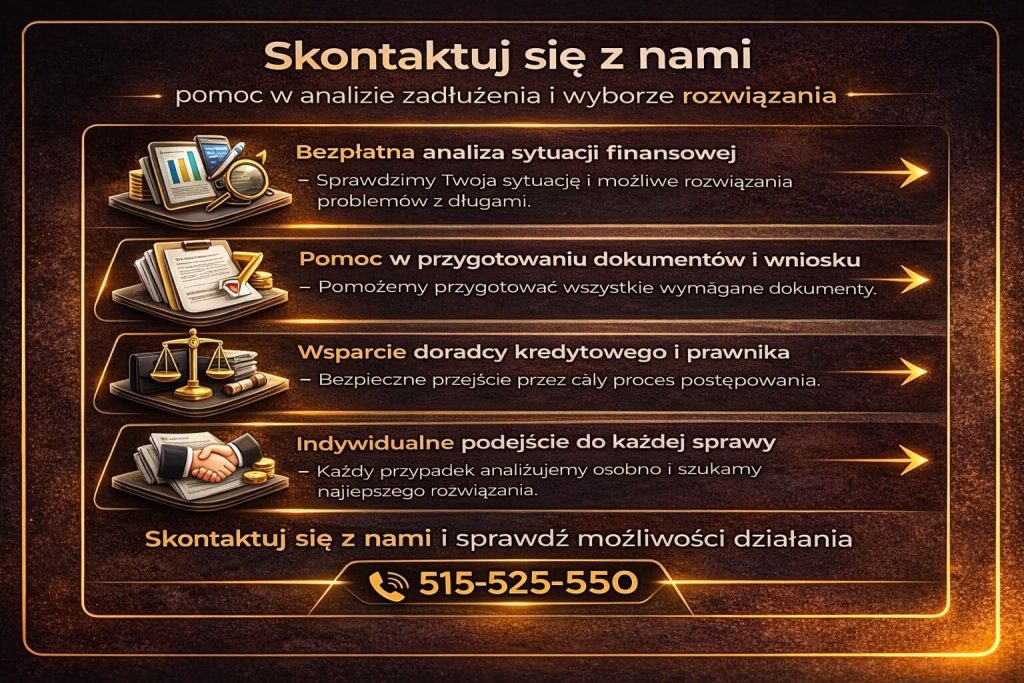 Kontakt z doradcą finansowym – analiza zadłużenia, pomoc w dokumentach i wsparcie prawne. Indywidualne podejście do klienta w trudnej sytuacji finansowej, w tym rozwiązania jak kredyt dla pracujących za granicą.