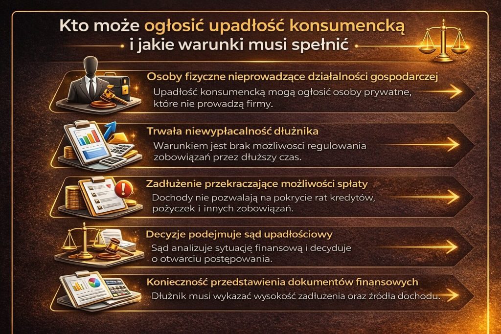 Upadłość konsumencka – kto może ogłosić i jakie warunki trzeba spełnić. Infografika pokazuje osoby fizyczne bez działalności, niewypłacalność oraz wymagane dokumenty potrzebne do rozpoczęcia procedury oddłużeniowej w Polsce.